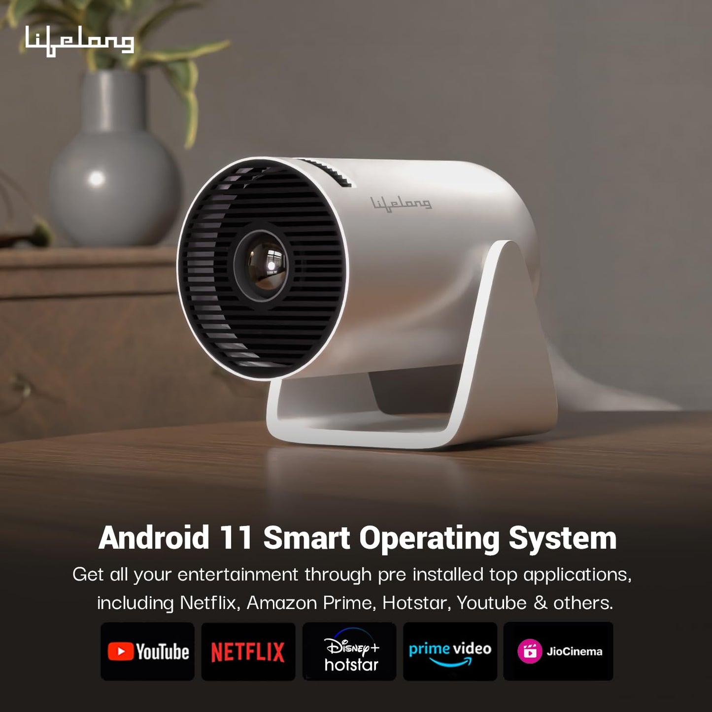 Lifelong Lightbeam Smart Projector for Home 4K Support, Native 720p HD Resolution, 2500 Lumen, Rotabable Design, Speaker, Android 11 with Built-in Apps (Netflix, Prime, Youtube) WiFi, 100''Max Display