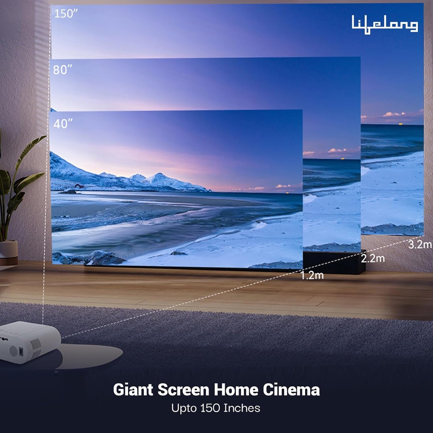 Lifelong Lightbeam Smart Projector for Home 4K Support, Native 720p HD Resolution, 2500 Lumen, Rotabable Design, Speaker, Android 11 with Built-in Apps (Netflix, Prime, Youtube) WiFi, 100''Max Display