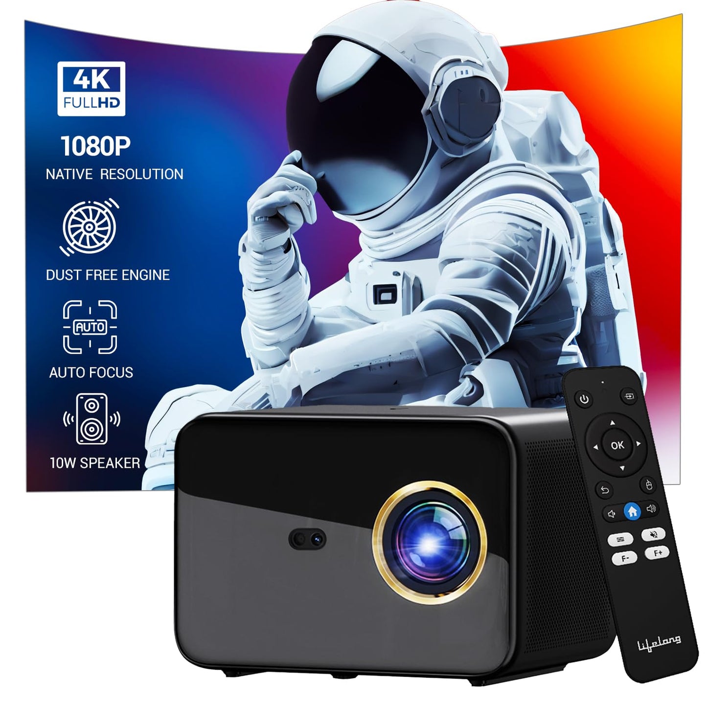 Lifelong Lightbeam Smart Projector for Home 4K Support, Native 720p HD Resolution, 2500 Lumen, Rotabable Design, Speaker, Android 11 with Built-in Apps (Netflix, Prime, Youtube) WiFi, 100''Max Display