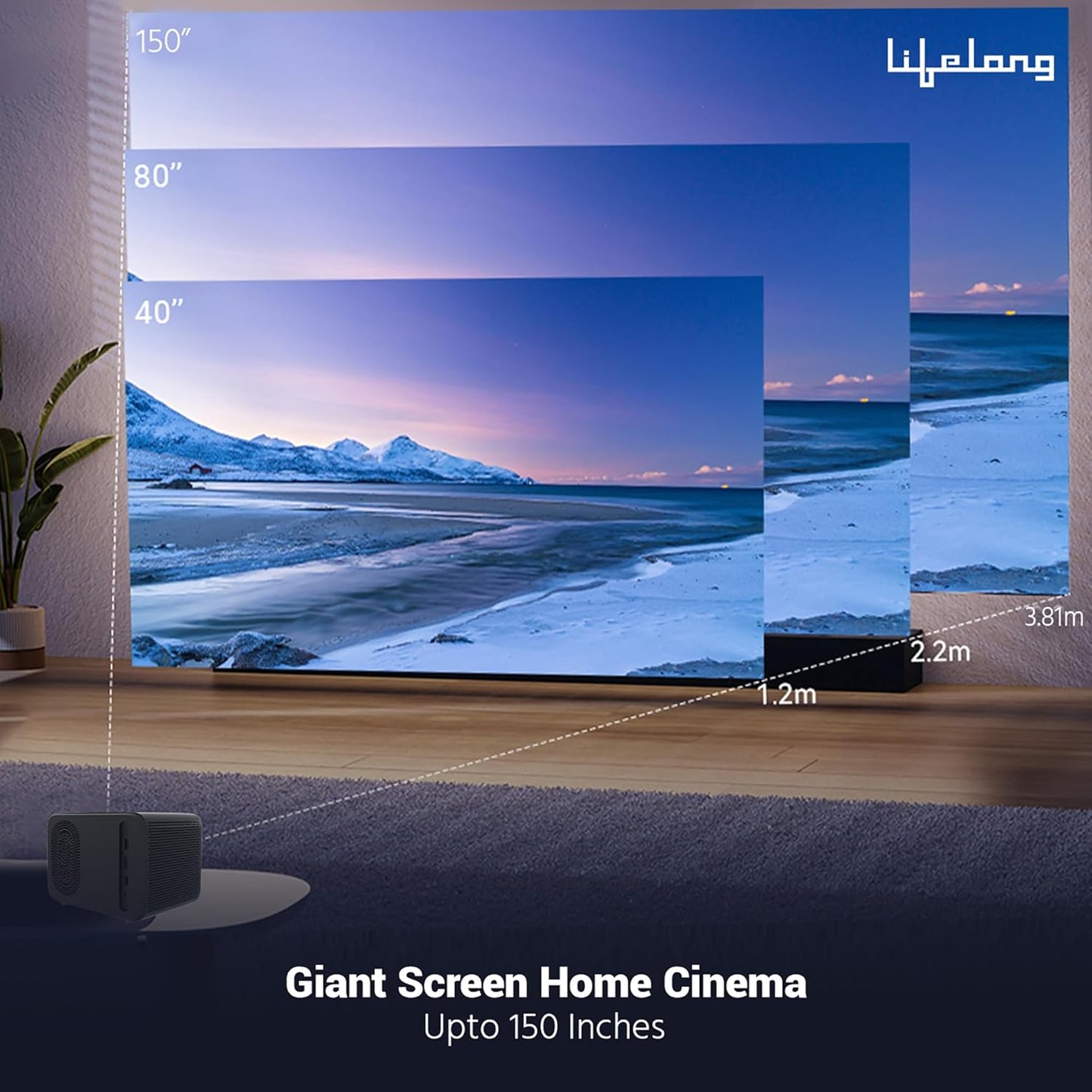 Lifelong Lightbeam Smart Projector for Home 4K Support, Native 720p HD Resolution, 2500 Lumen, Rotabable Design, Speaker, Android 11 with Built-in Apps (Netflix, Prime, Youtube) WiFi, 100''Max Display