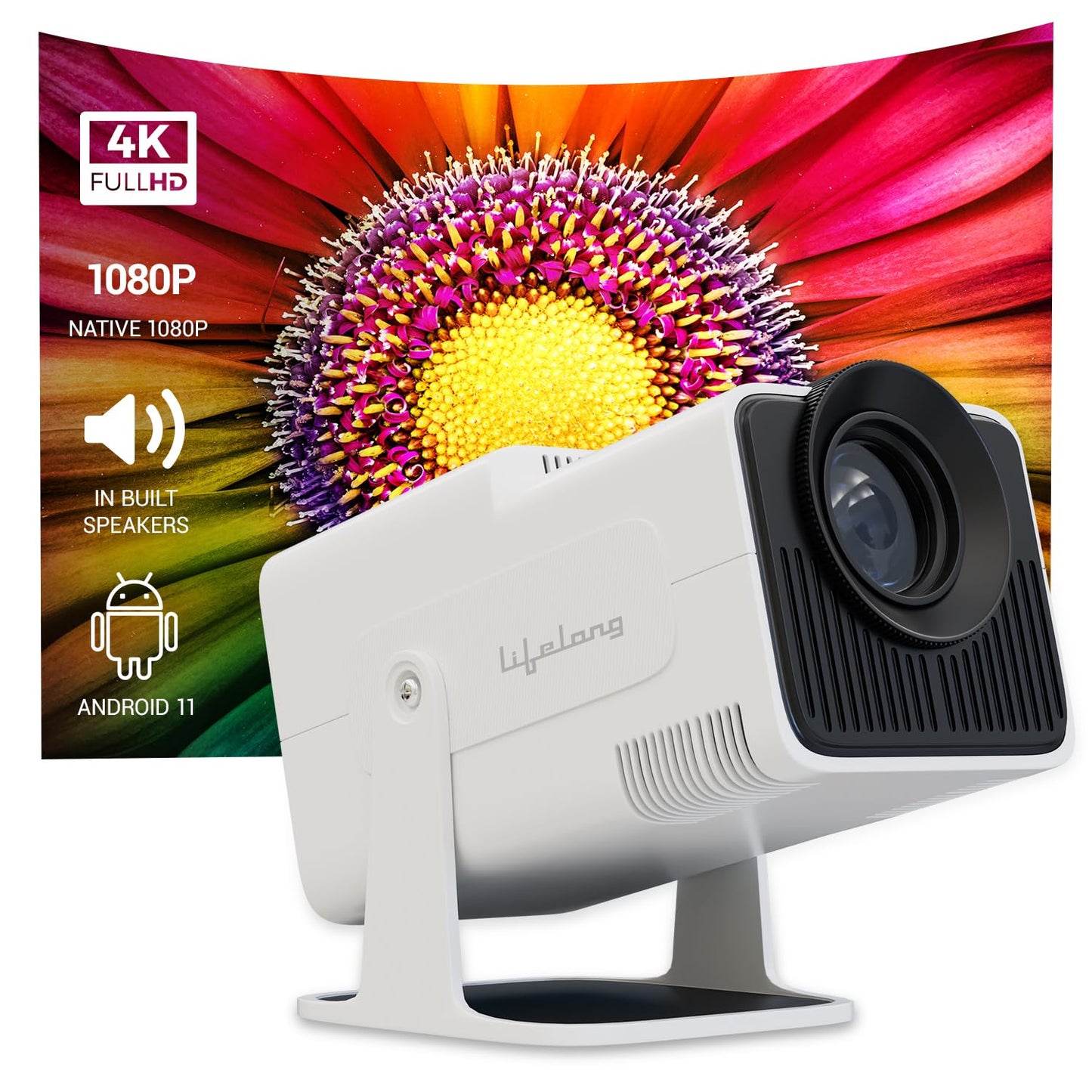 Lifelong Lightbeam Smart Projector for Home 4K Support, Native 720p HD Resolution, 2500 Lumen, Rotabable Design, Speaker, Android 11 with Built-in Apps (Netflix, Prime, Youtube) WiFi, 100''Max Display