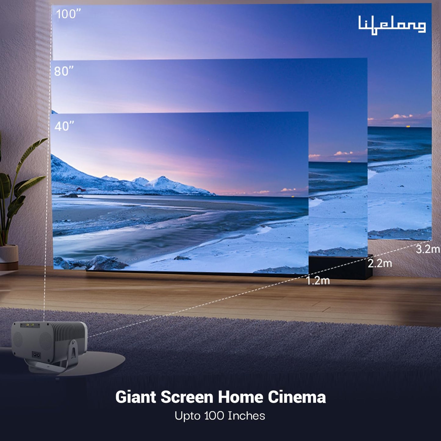 Lifelong Lightbeam Smart Projector for Home 4K Support, Native 720p HD Resolution, 2500 Lumen, Rotabable Design, Speaker, Android 11 with Built-in Apps (Netflix, Prime, Youtube) WiFi, 100''Max Display