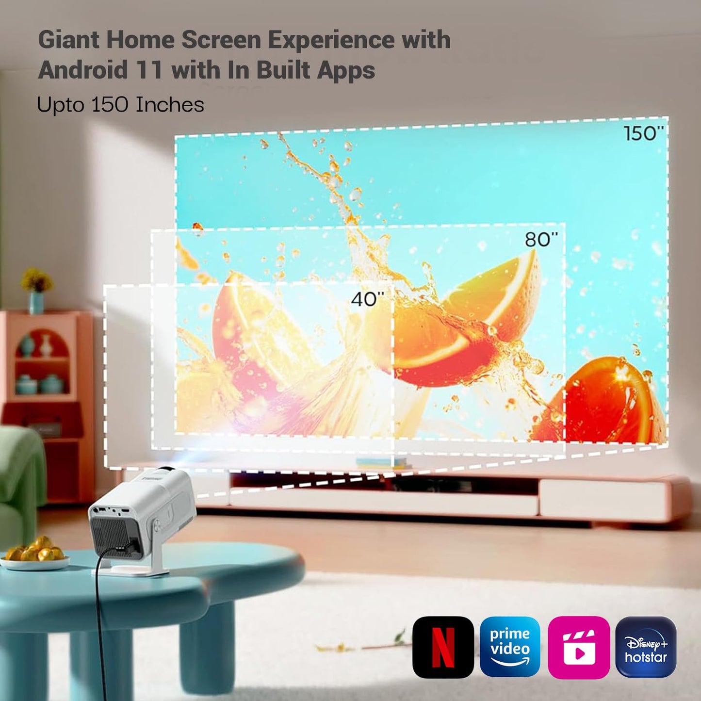 Lifelong Lightbeam Smart Projector for Home 4K Support, Native 720p HD Resolution, 2500 Lumen, Rotabable Design, Speaker, Android 11 with Built-in Apps (Netflix, Prime, Youtube) WiFi, 100''Max Display