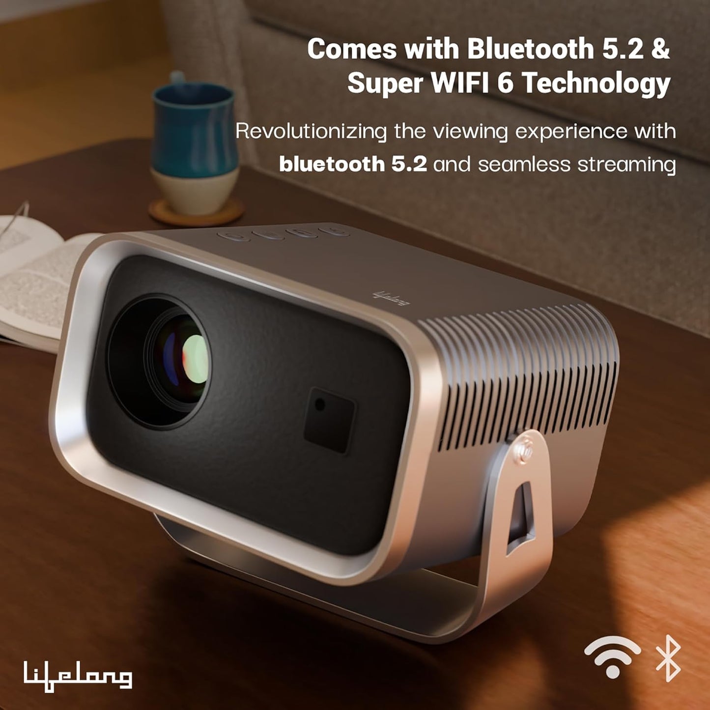 Lifelong Lightbeam Smart Projector for Home 4K Support, Native 720p HD Resolution, 2500 Lumen, Rotabable Design, Speaker, Android 11 with Built-in Apps (Netflix, Prime, Youtube) WiFi, 100''Max Display