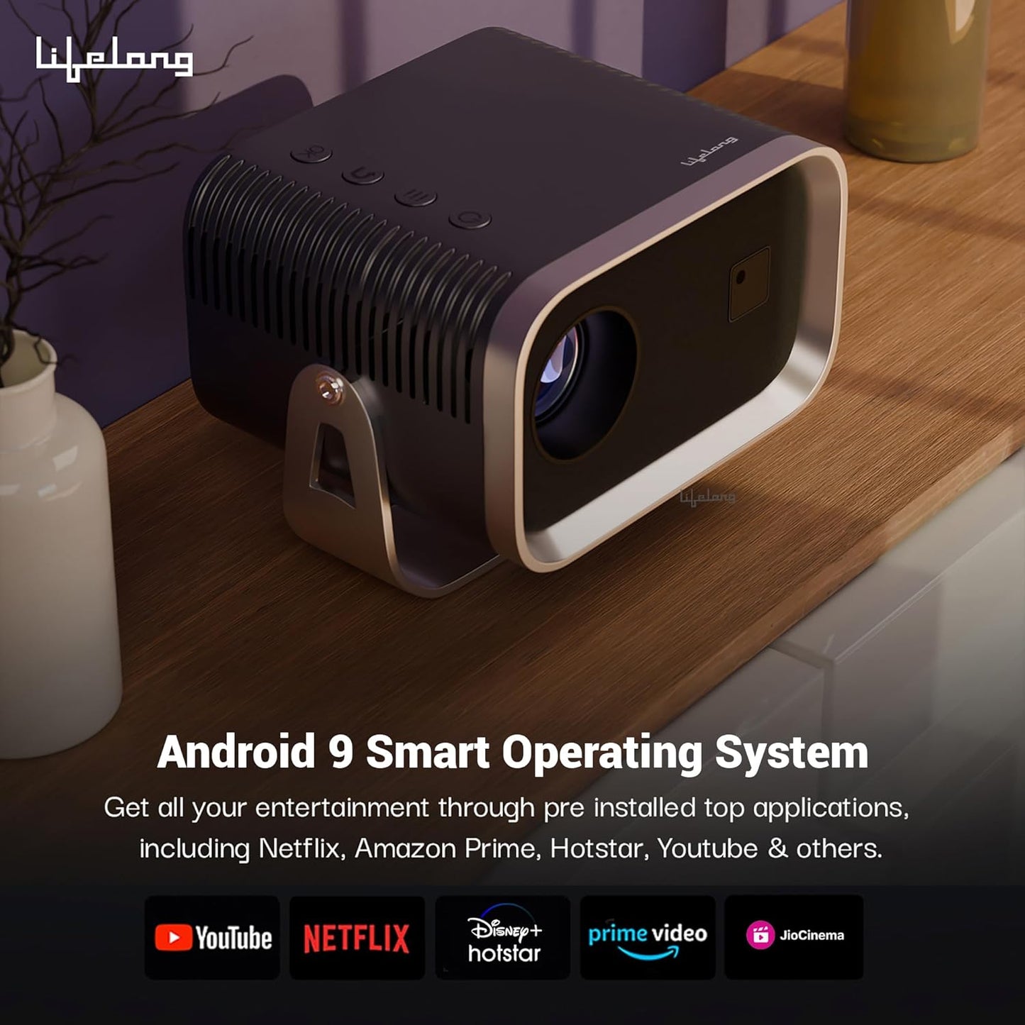 Lifelong Lightbeam Smart Projector for Home 4K Support, Native 720p HD Resolution, 2500 Lumen, Rotabable Design, Speaker, Android 11 with Built-in Apps (Netflix, Prime, Youtube) WiFi, 100''Max Display