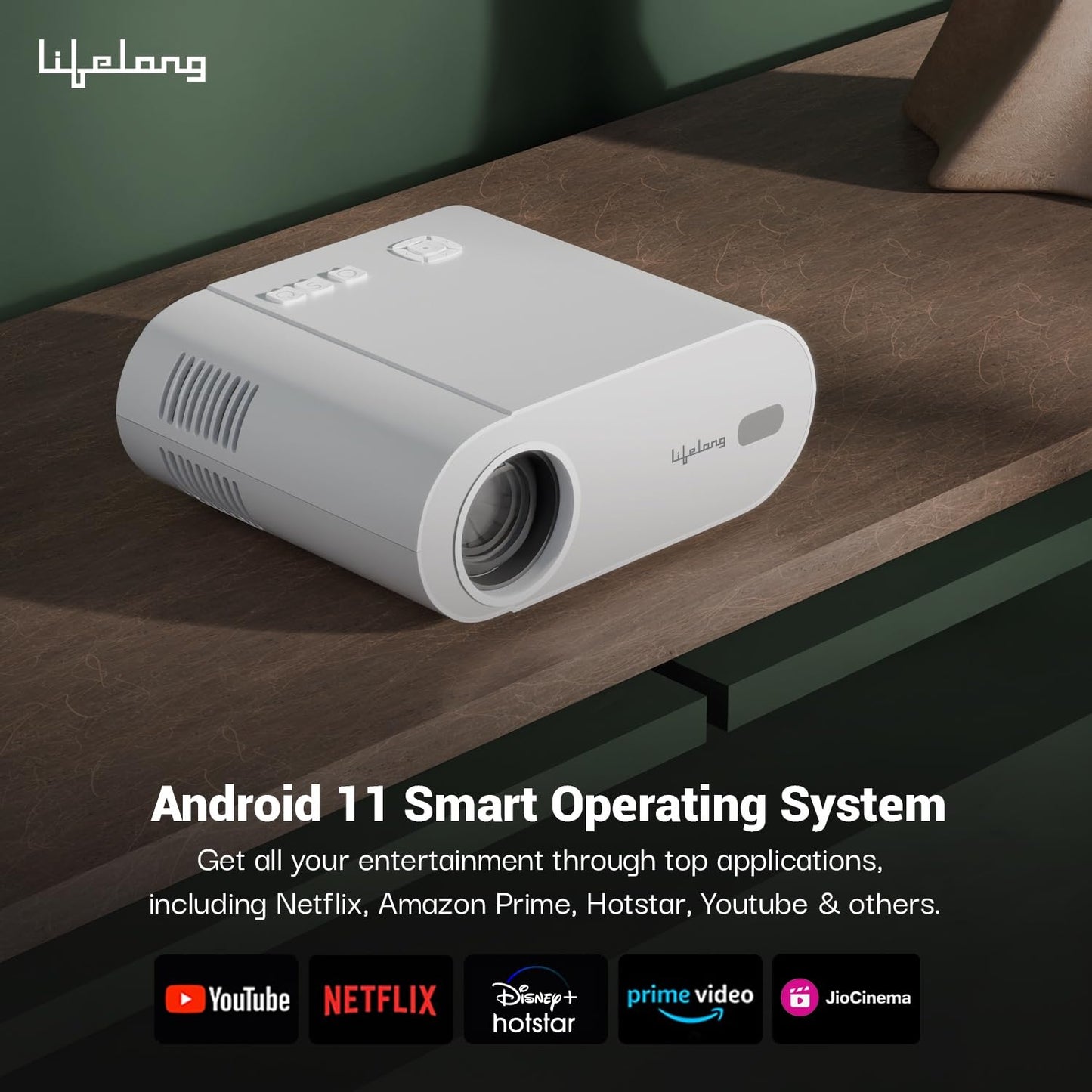 Lifelong Lightbeam Smart Projector for Home 4K Support, Native 720p HD Resolution, 2500 Lumen, Rotabable Design, Speaker, Android 11 with Built-in Apps (Netflix, Prime, Youtube) WiFi, 100''Max Display