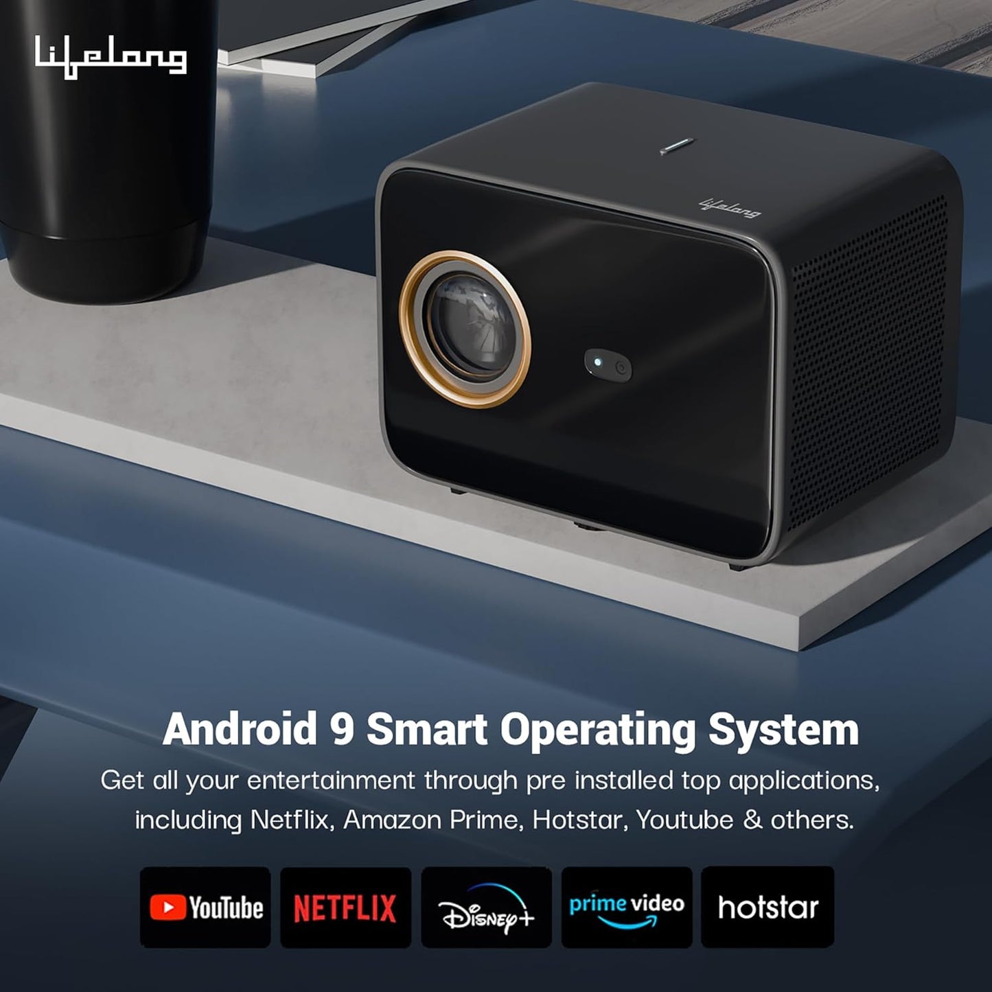 Lifelong Lightbeam Smart Projector for Home 4K Support, Native 720p HD Resolution, 2500 Lumen, Rotabable Design, Speaker, Android 11 with Built-in Apps (Netflix, Prime, Youtube) WiFi, 100''Max Display