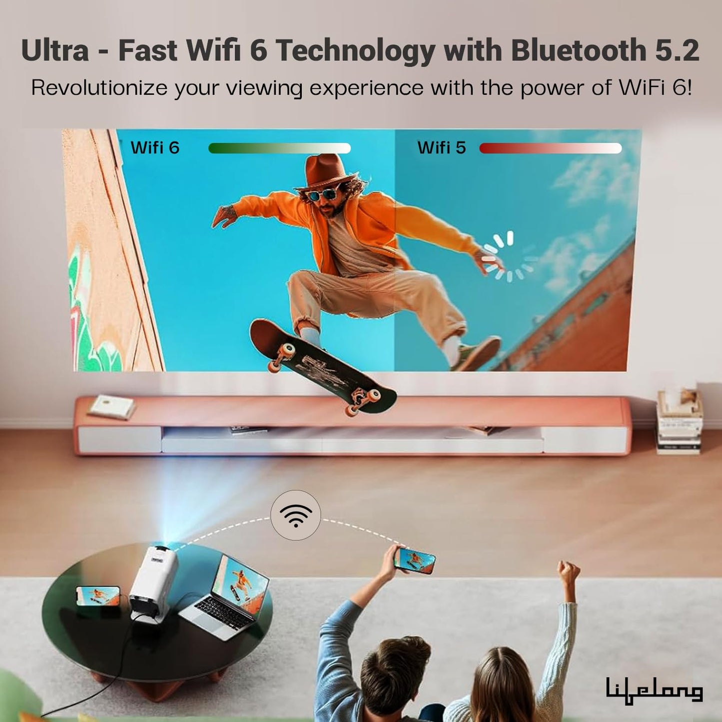 Lifelong Lightbeam Smart Projector for Home 4K Support, Native 720p HD Resolution, 2500 Lumen, Rotabable Design, Speaker, Android 11 with Built-in Apps (Netflix, Prime, Youtube) WiFi, 100''Max Display