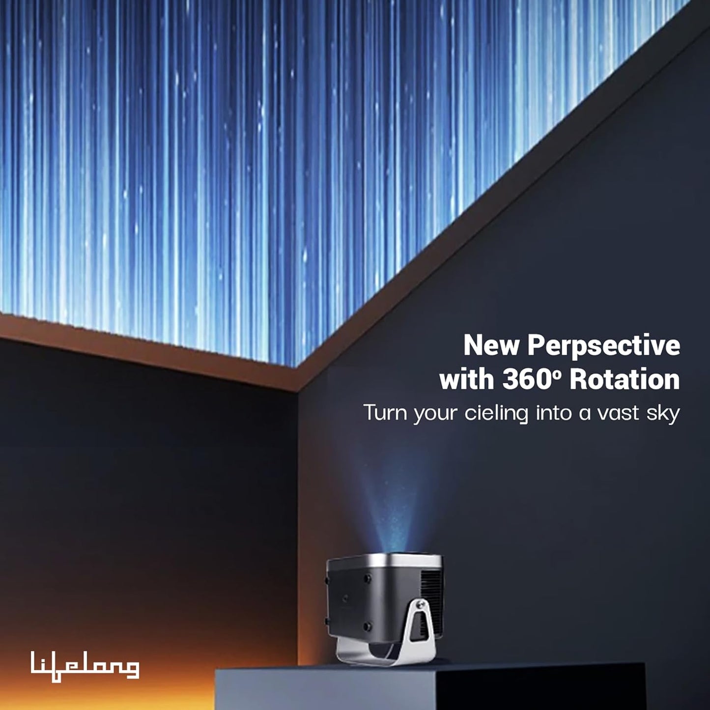 Lifelong Lightbeam Smart Projector for Home 4K Support, Native 720p HD Resolution, 2500 Lumen, Rotabable Design, Speaker, Android 11 with Built-in Apps (Netflix, Prime, Youtube) WiFi, 100''Max Display