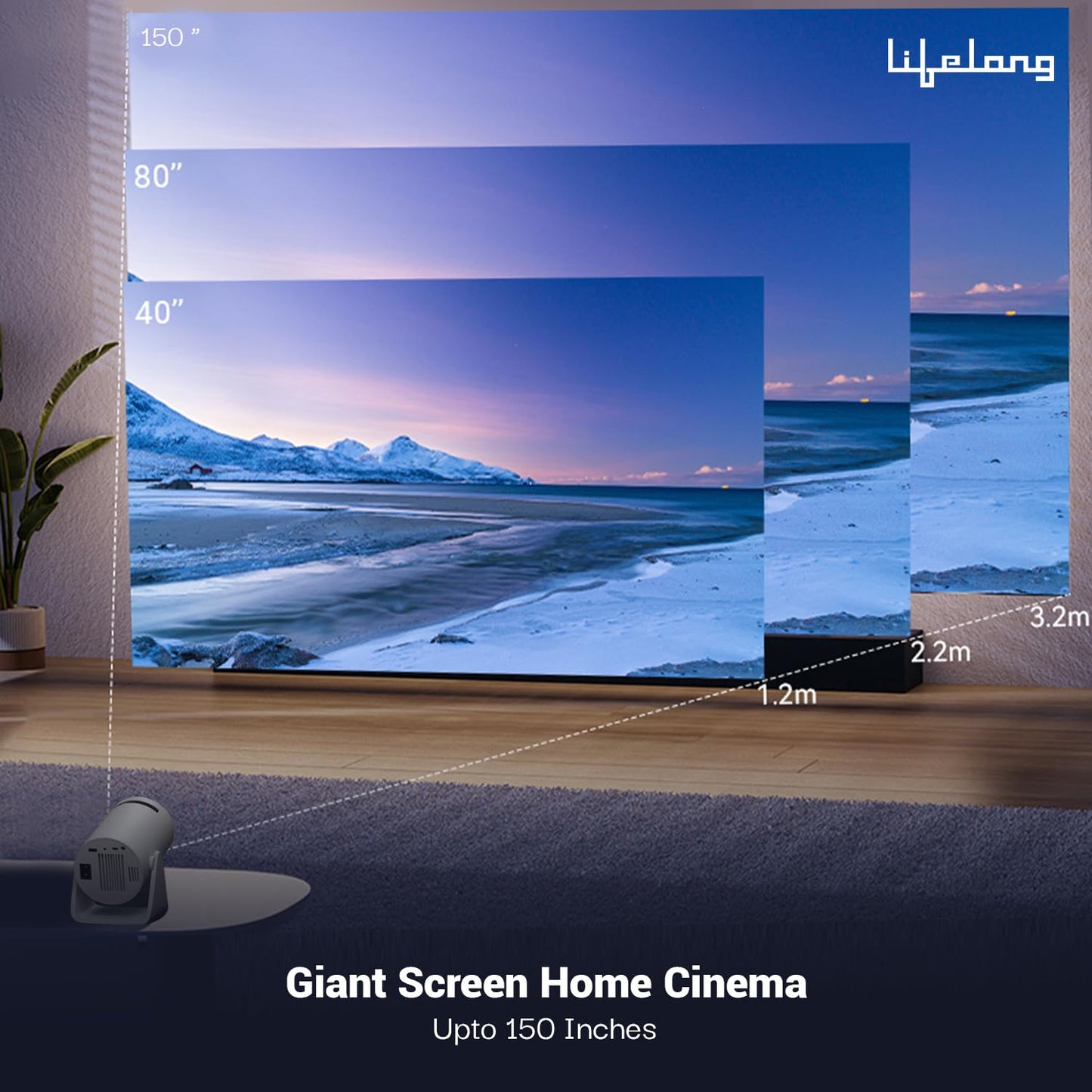 Lifelong Lightbeam Smart Projector for Home 4K Support, Native 720p HD Resolution, 2500 Lumen, Rotabable Design, Speaker, Android 11 with Built-in Apps (Netflix, Prime, Youtube) WiFi, 100''Max Display
